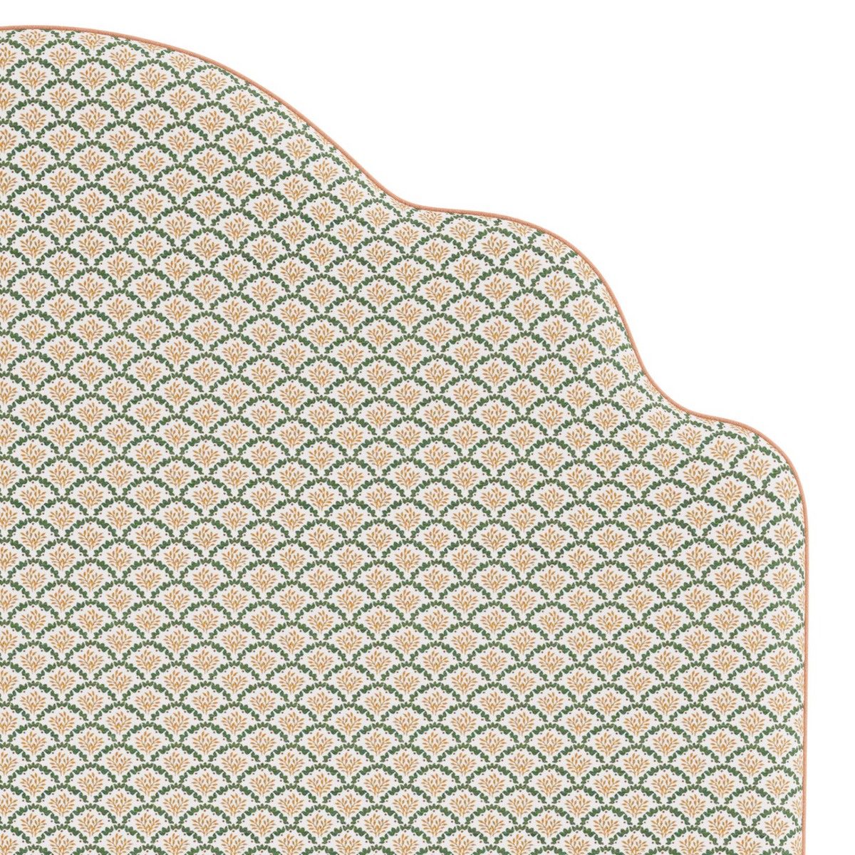 The Rachel Queen Headboard -  Sophia Gold/Moss Lillian August Fabric - Papaya Trim
