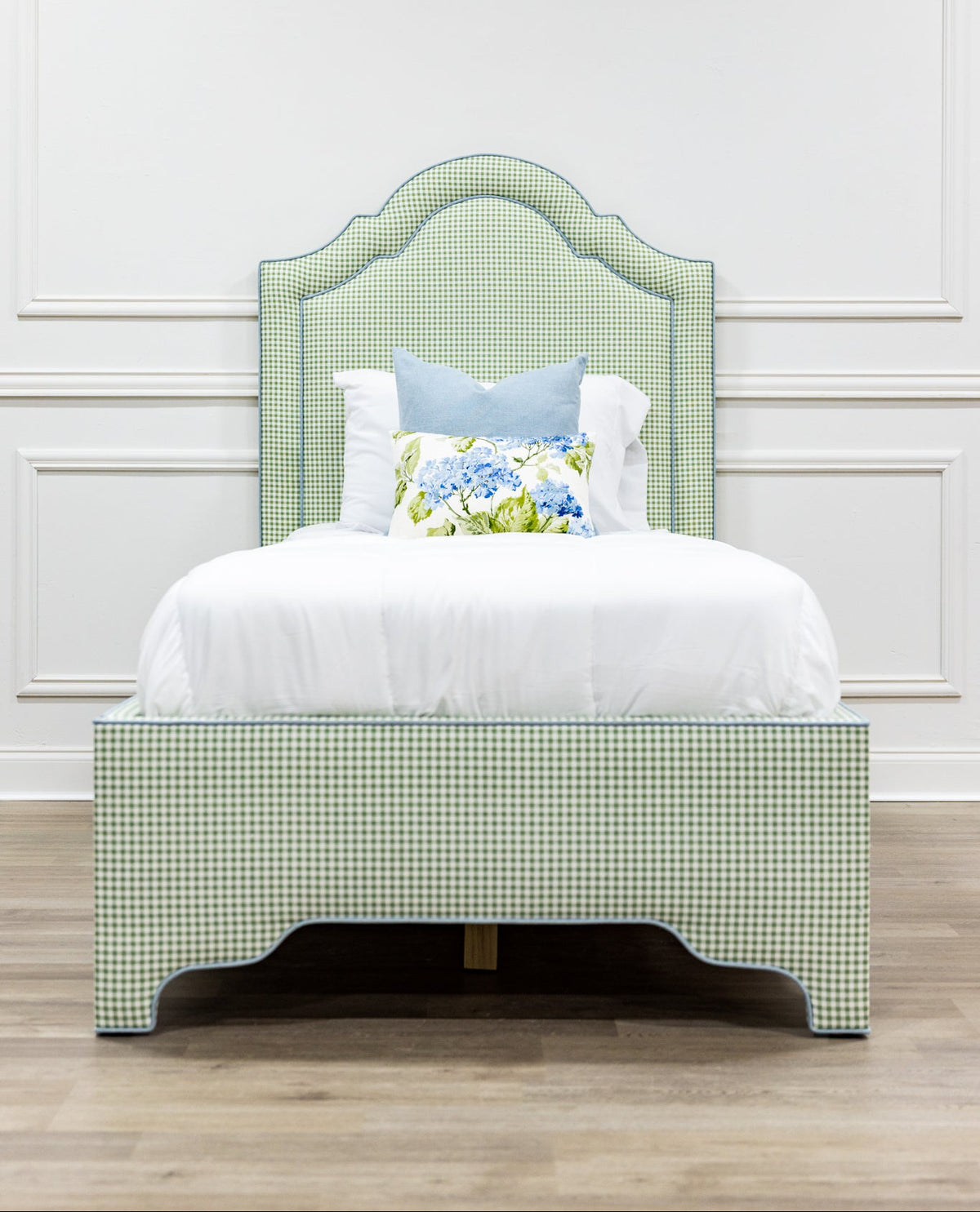 The Grace Twin Bed - Sage Green Gingham Fabric - Sky Blue Trim