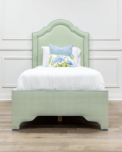 The Grace Twin Bed - Sage Green Gingham Fabric - Sky Blue Trim