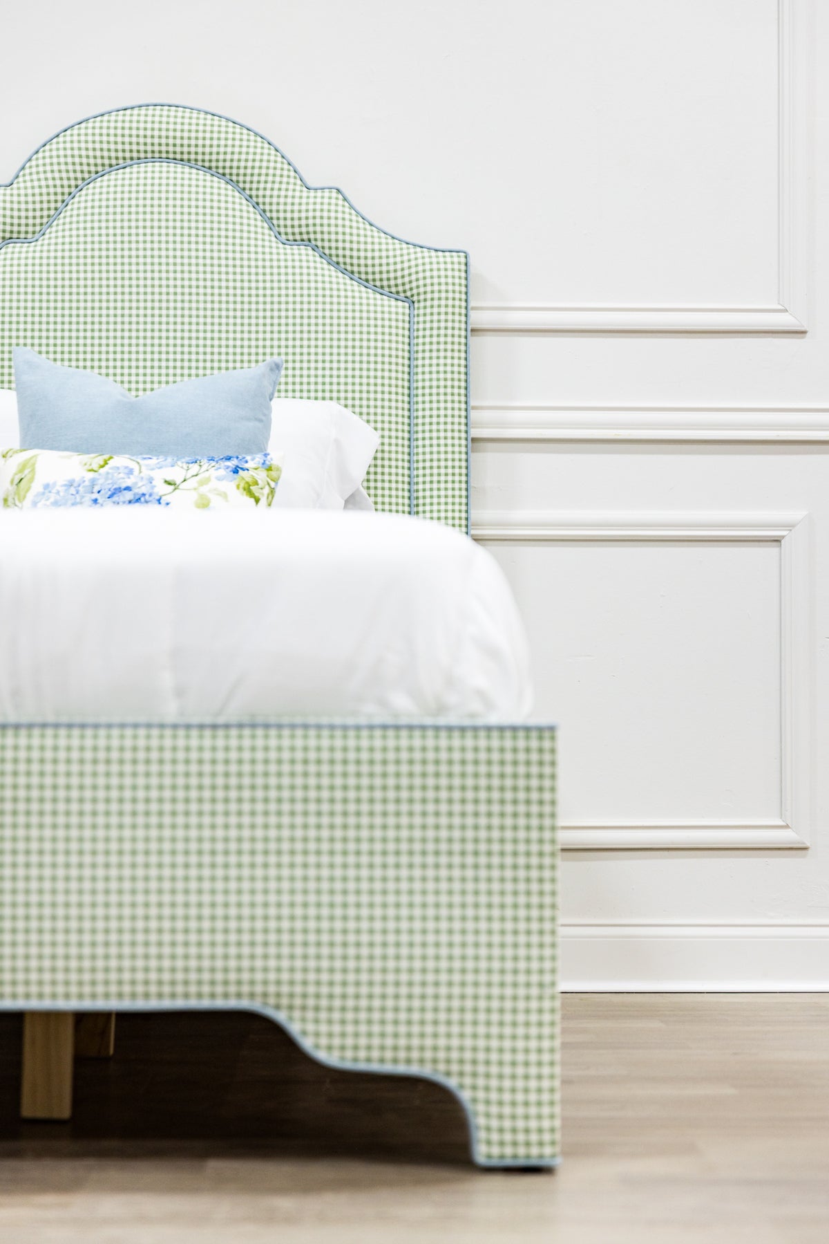 The Grace Twin Bed - Sage Green Gingham Fabric - Sky Blue Trim