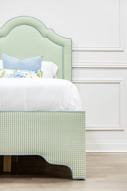 The Grace Twin Bed - Sage Green Gingham Fabric - Sky Blue Trim