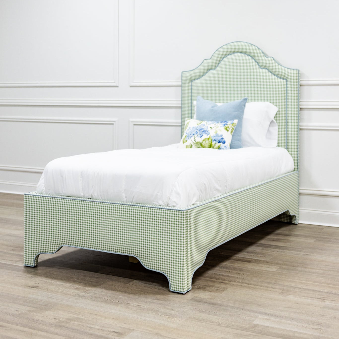 The Grace Twin Bed - Sage Green Gingham Fabric - Sky Blue Trim