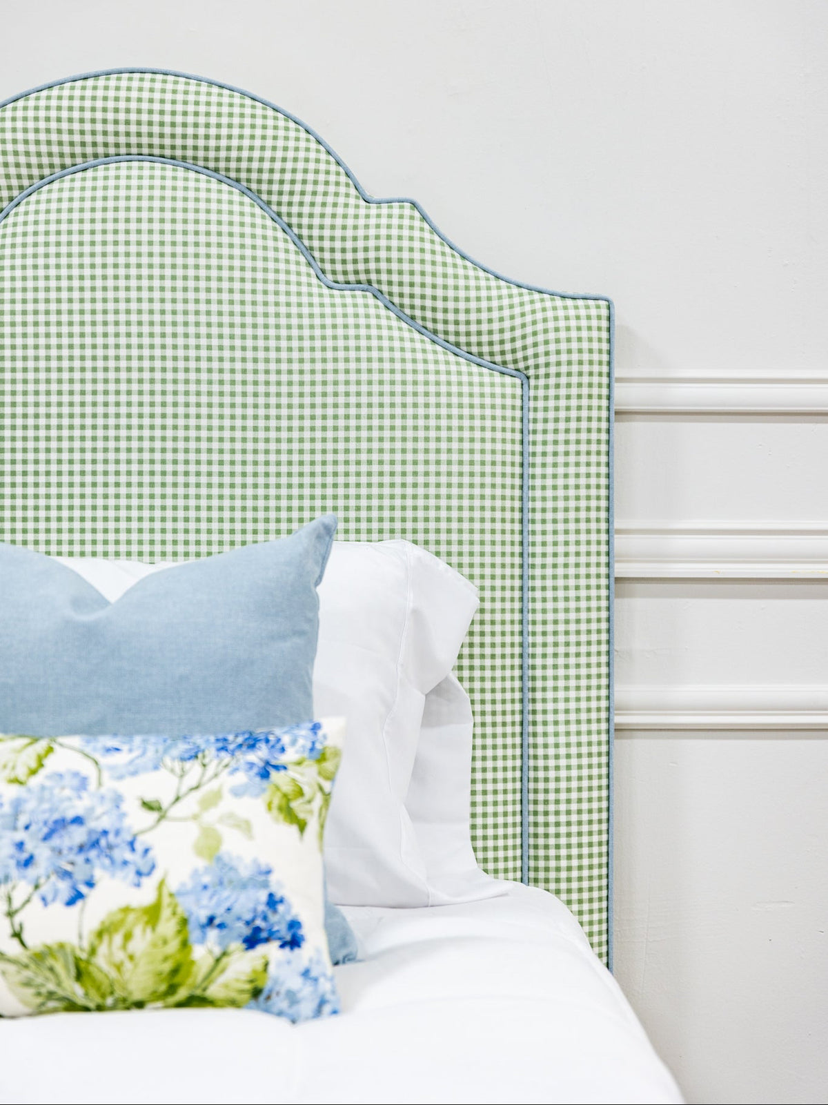 The Grace Twin Bed - Sage Green Gingham Fabric - Sky Blue Trim
