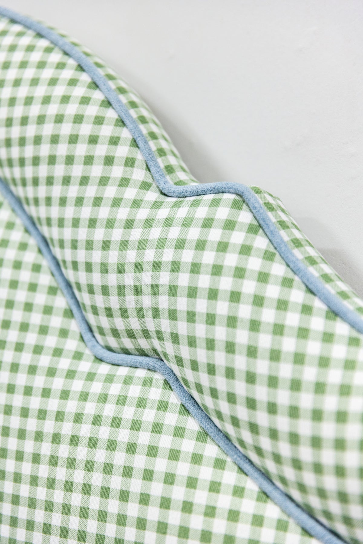 The Grace Twin Bed - Sage Green Gingham Fabric - Sky Blue Trim