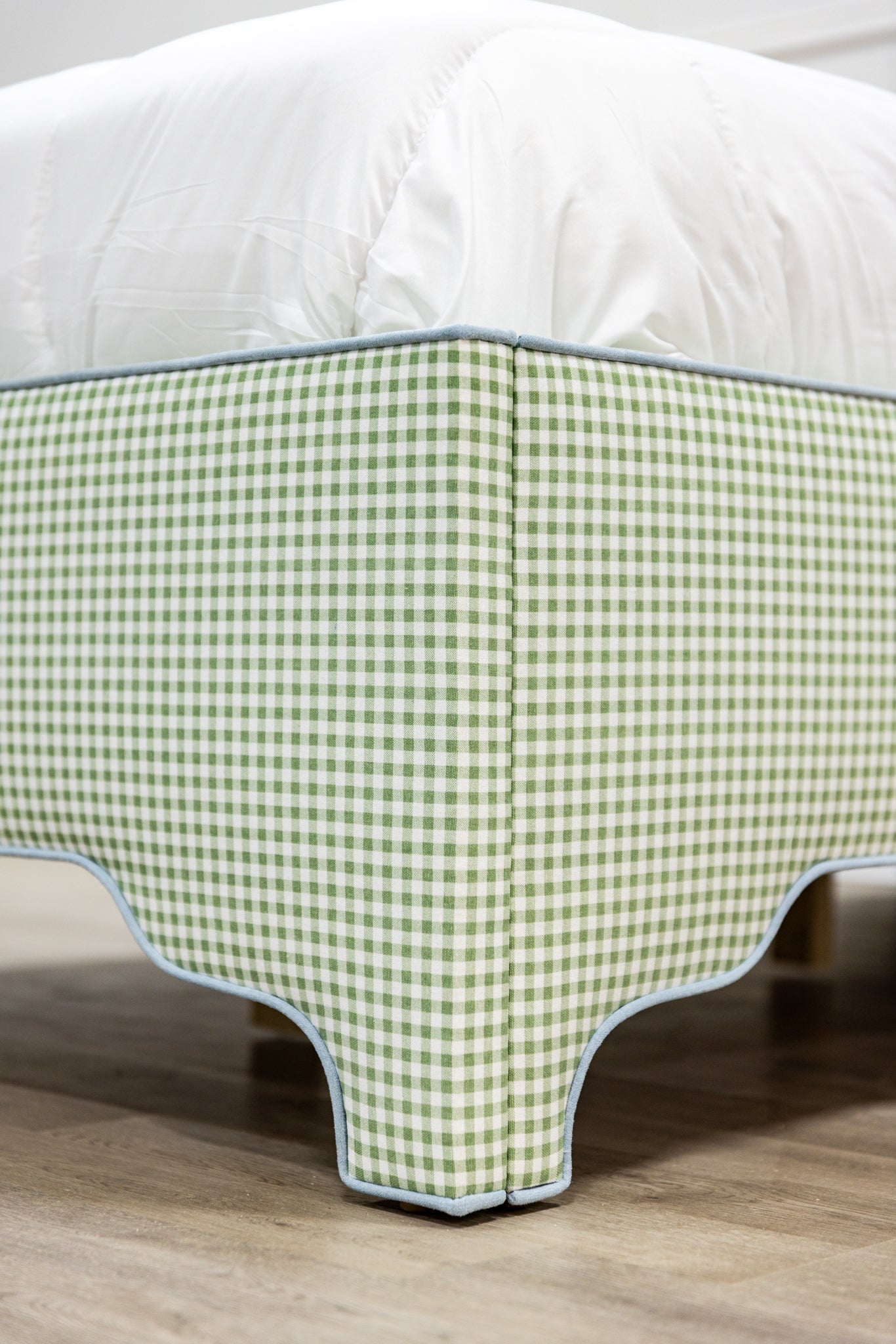 The Grace Twin Bed - Sage Green Gingham Fabric - Sky Blue Trim