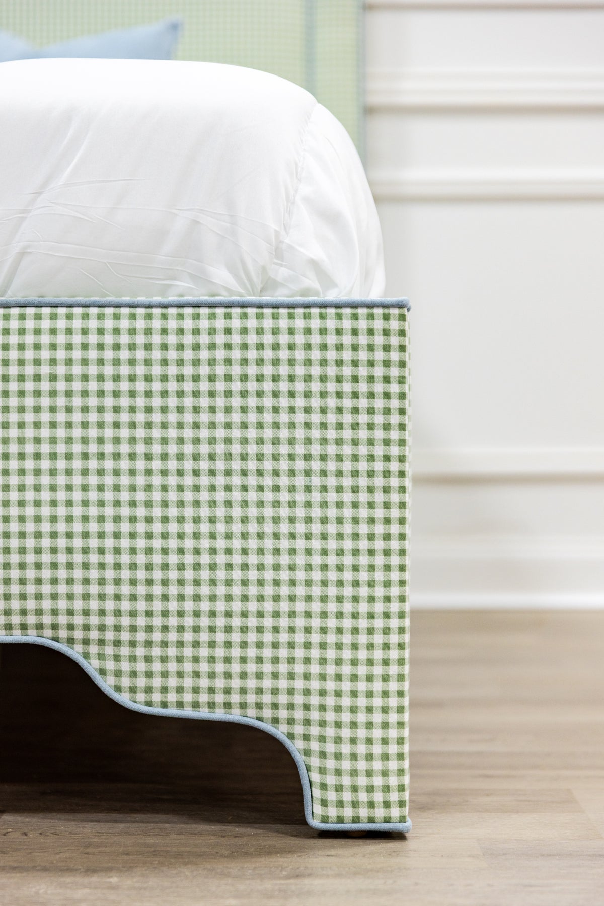 The Grace Twin Bed - Sage Green Gingham Fabric - Sky Blue Trim