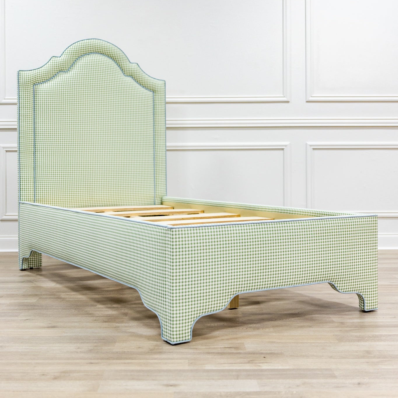 The Grace Twin Bed - Sage Green Gingham Fabric - Sky Blue Trim