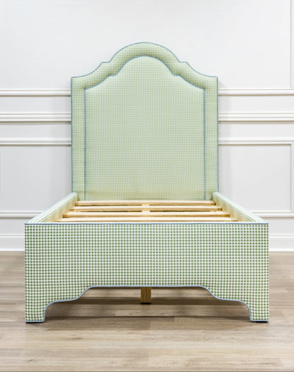 The Grace Twin Bed - Sage Green Gingham Fabric - Sky Blue Trim