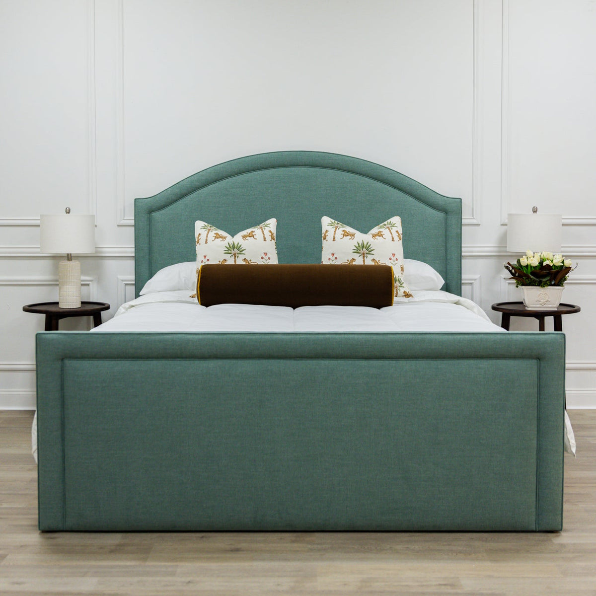 The Lilliane King Bed - Upholstered Footboard - Sage Green Woven Fabric - White Trim