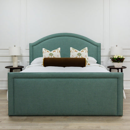 The Lilliane King Bed - Upholstered Footboard - Sage Green Woven Fabric - White Trim