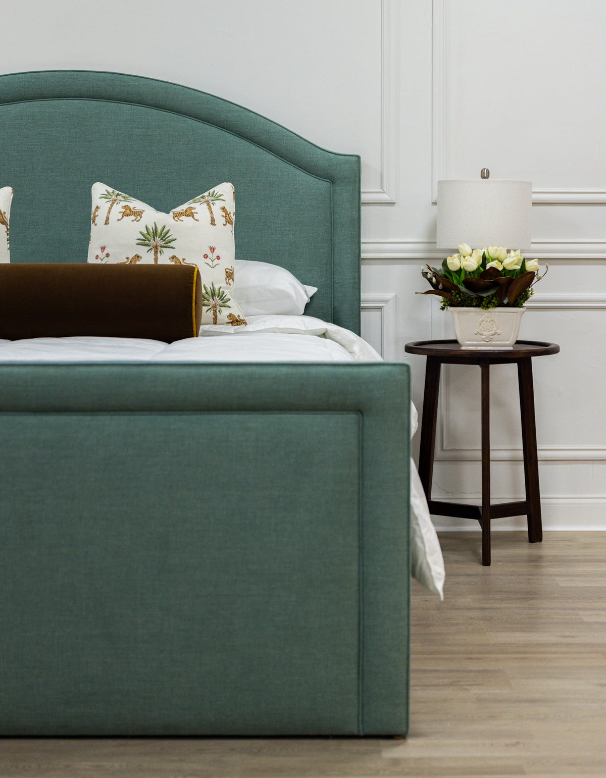The Lilliane King Bed - Upholstered Footboard - Sage Green Woven Fabric - White Trim