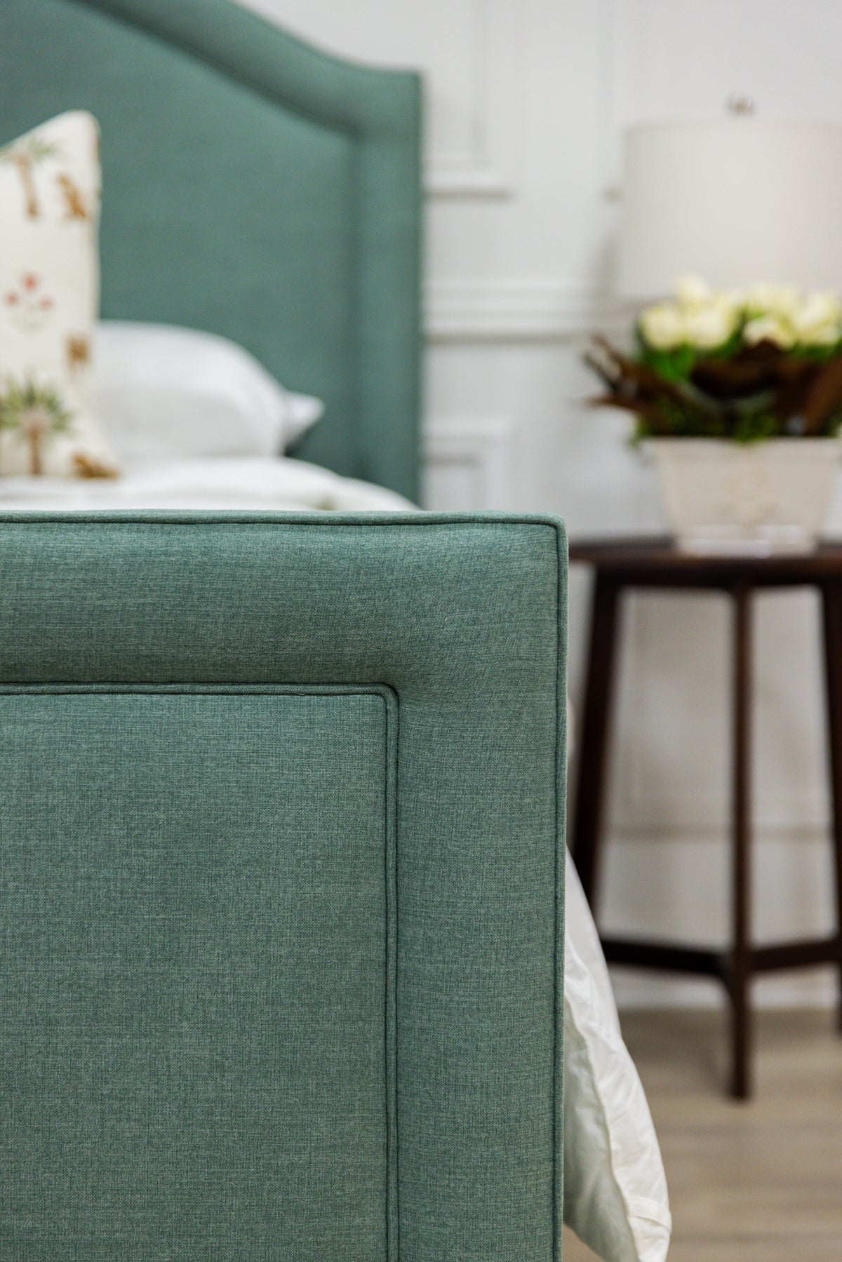 The Lilliane King Bed - Upholstered Footboard - Sage Green Woven Fabric - White Trim