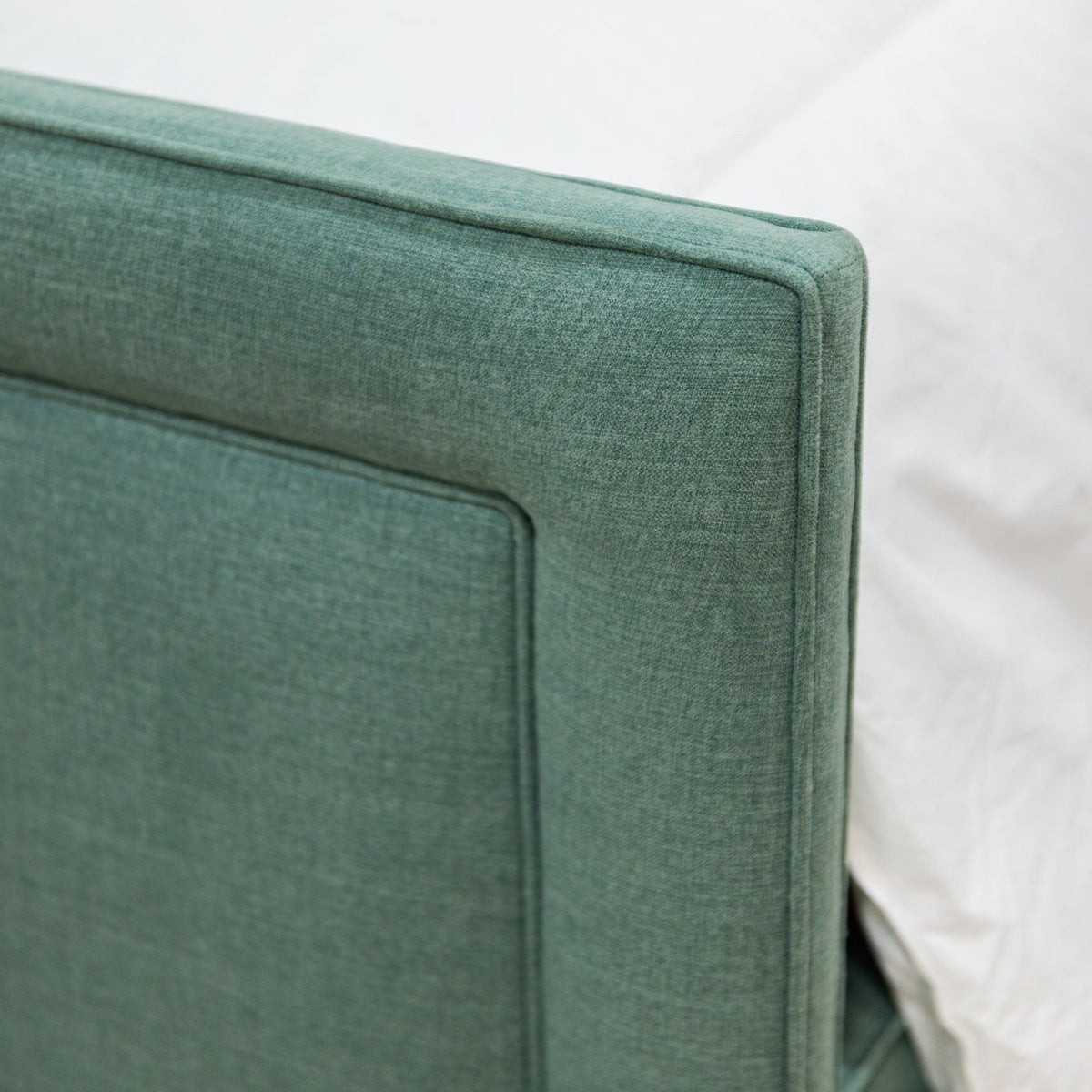 The Lilliane King Bed - Upholstered Footboard - Sage Green Woven Fabric - White Trim