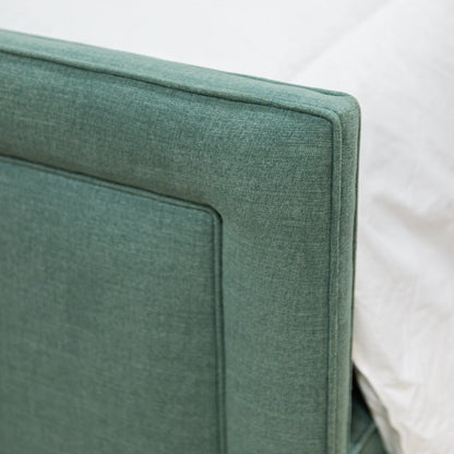 The Lilliane King Bed - Upholstered Footboard - Sage Green Woven Fabric - White Trim