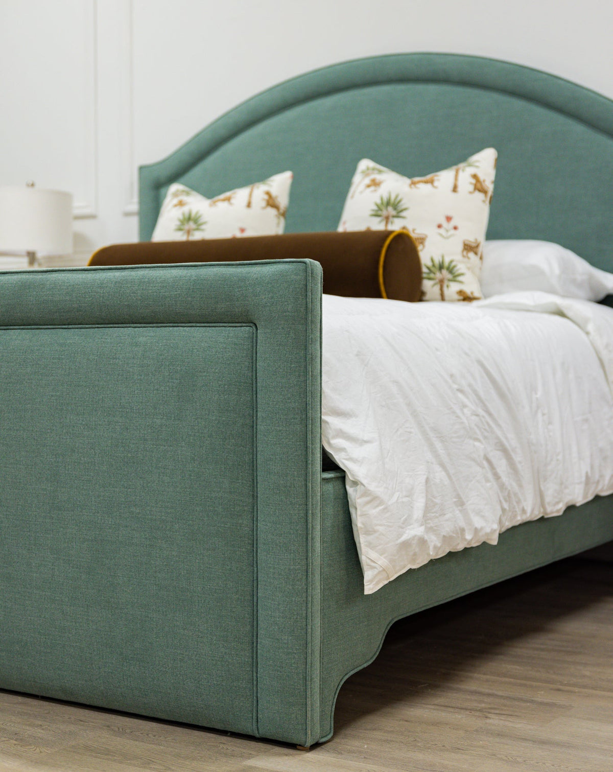 The Lilliane King Bed - Upholstered Footboard - Sage Green Woven Fabric - White Trim