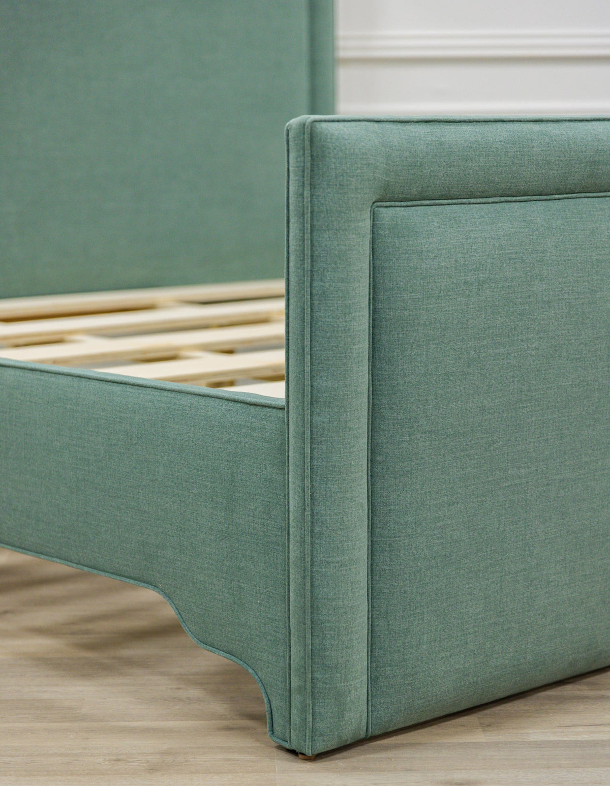 The Lilliane King Bed - Upholstered Footboard - Sage Green Woven Fabric - White Trim