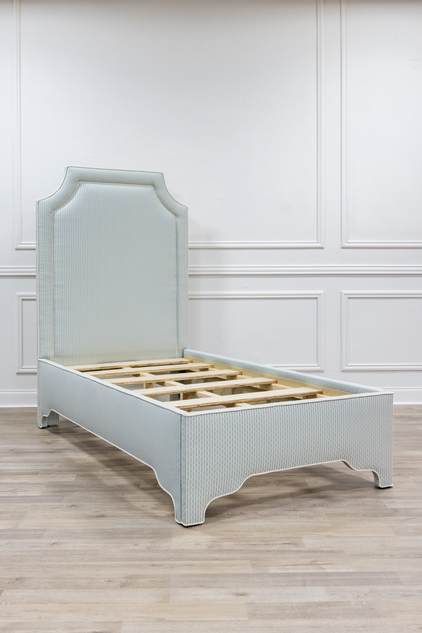 The Addison Twin Bed - Schumacher Stripe Blue Fabric - White Trim