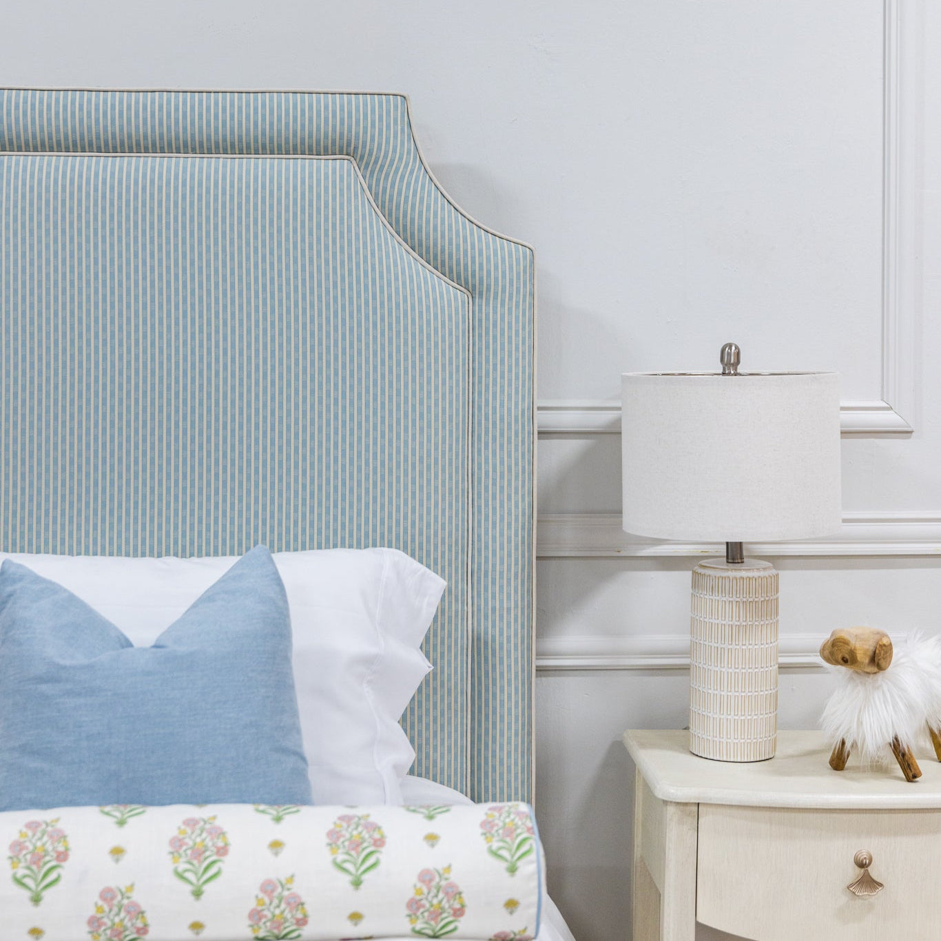 The Addison Twin Bed - Schumacher Stripe Blue Fabric - White Trim