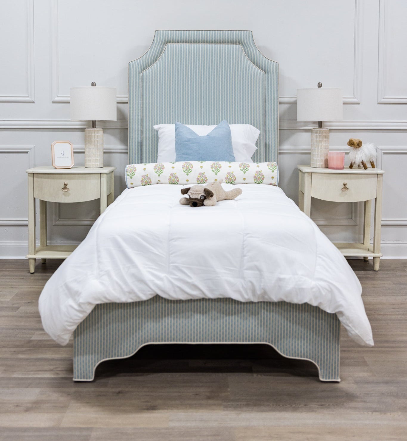 The Addison Twin Bed - Schumacher Stripe Blue Fabric - White Trim