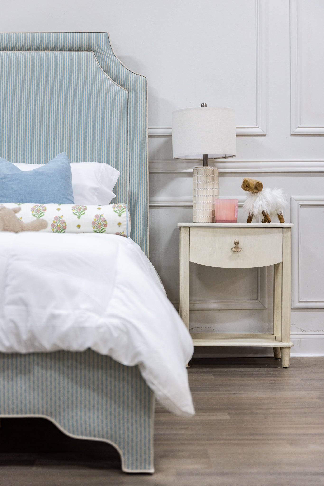 The Addison Twin Bed - Schumacher Stripe Blue Fabric - White Trim