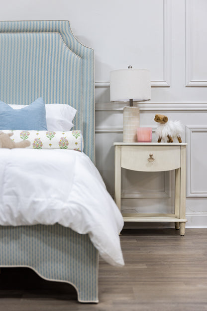 The Addison Twin Bed - Schumacher Stripe Blue Fabric - White Trim