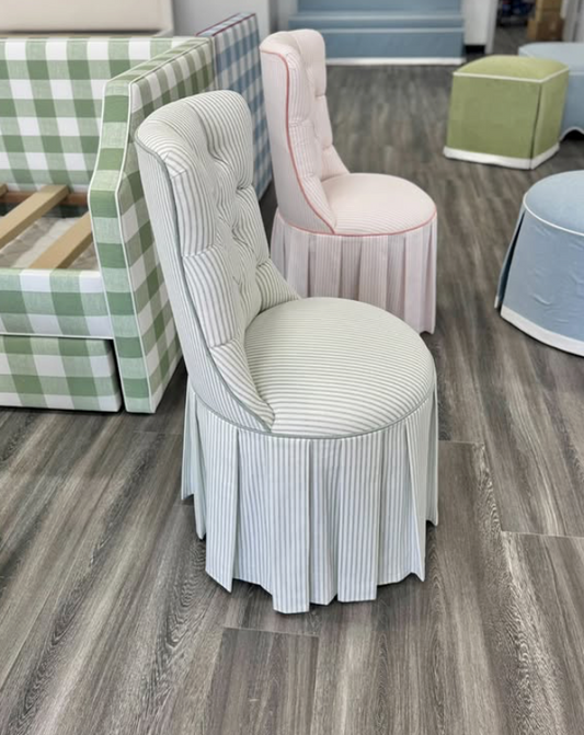 Custom Skirted Vanity Chair / Stool in Classic Green Striped- Pistachio Trim