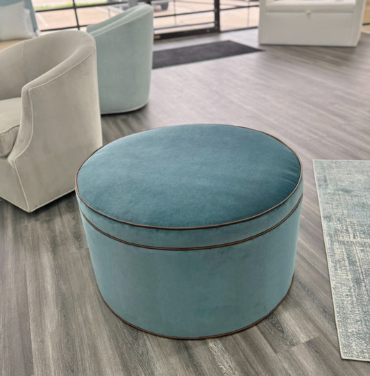 36" Round Ottoman / Coffee Table in Turquoise Mohair Fabric - Brown Leather Trim