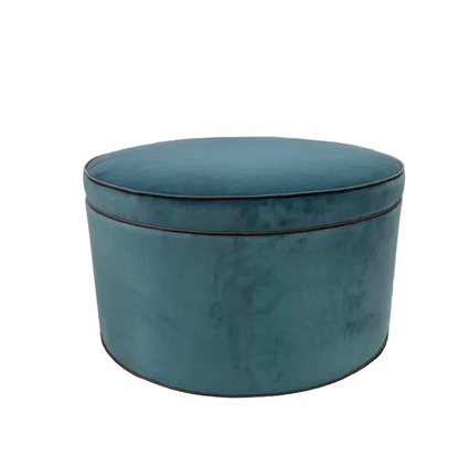36" Round Ottoman / Coffee Table in Turquoise Mohair Fabric - Brown Leather Trim