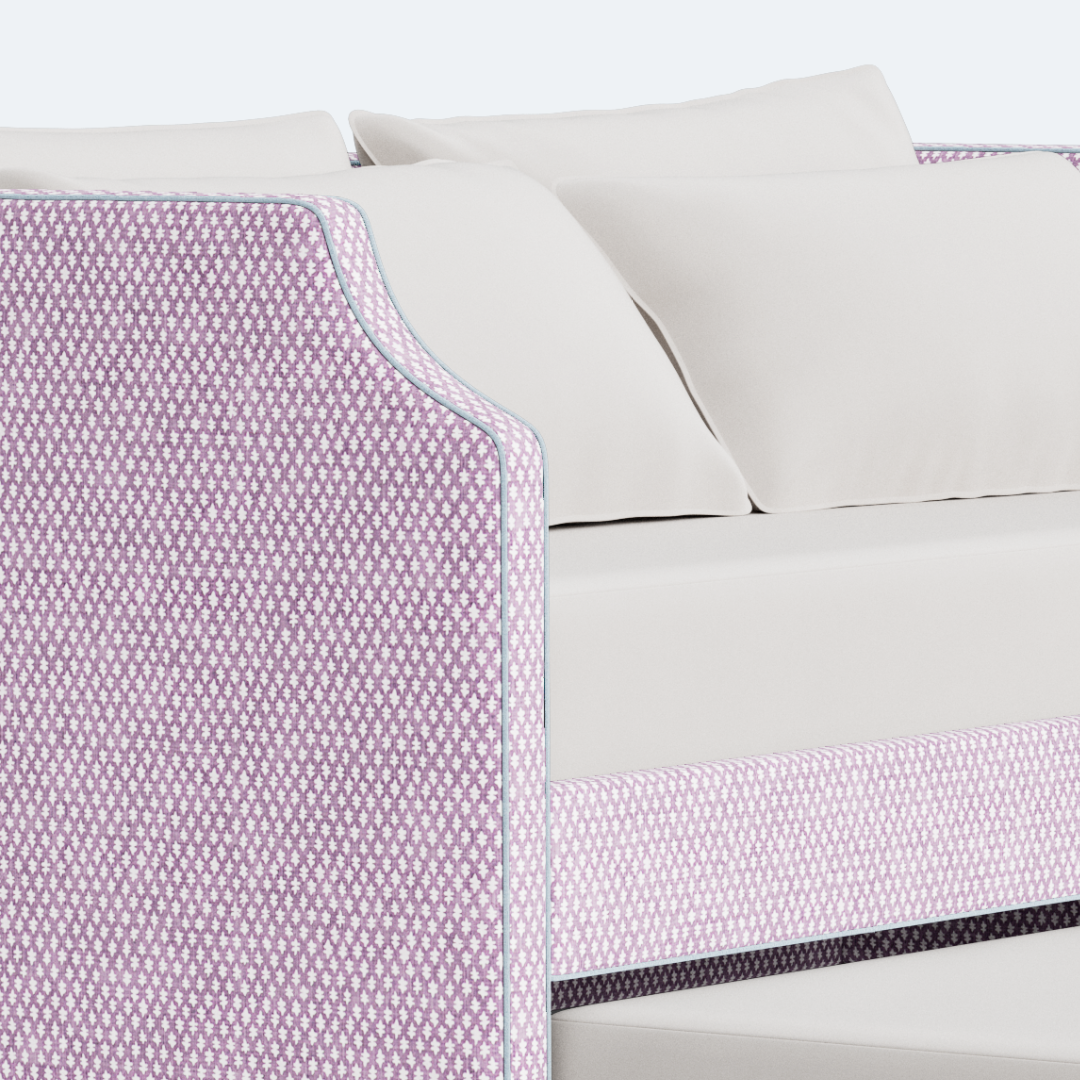The Addison Twin Trundle Daybed - Lavender Textured Fabric - Sky Blue Trim