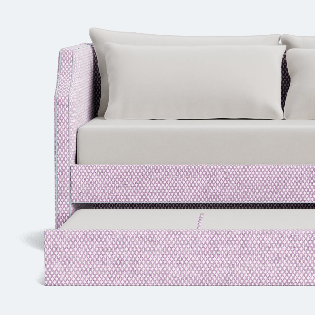 The Addison Twin Trundle Daybed - Lavender Textured Fabric - Sky Blue Trim