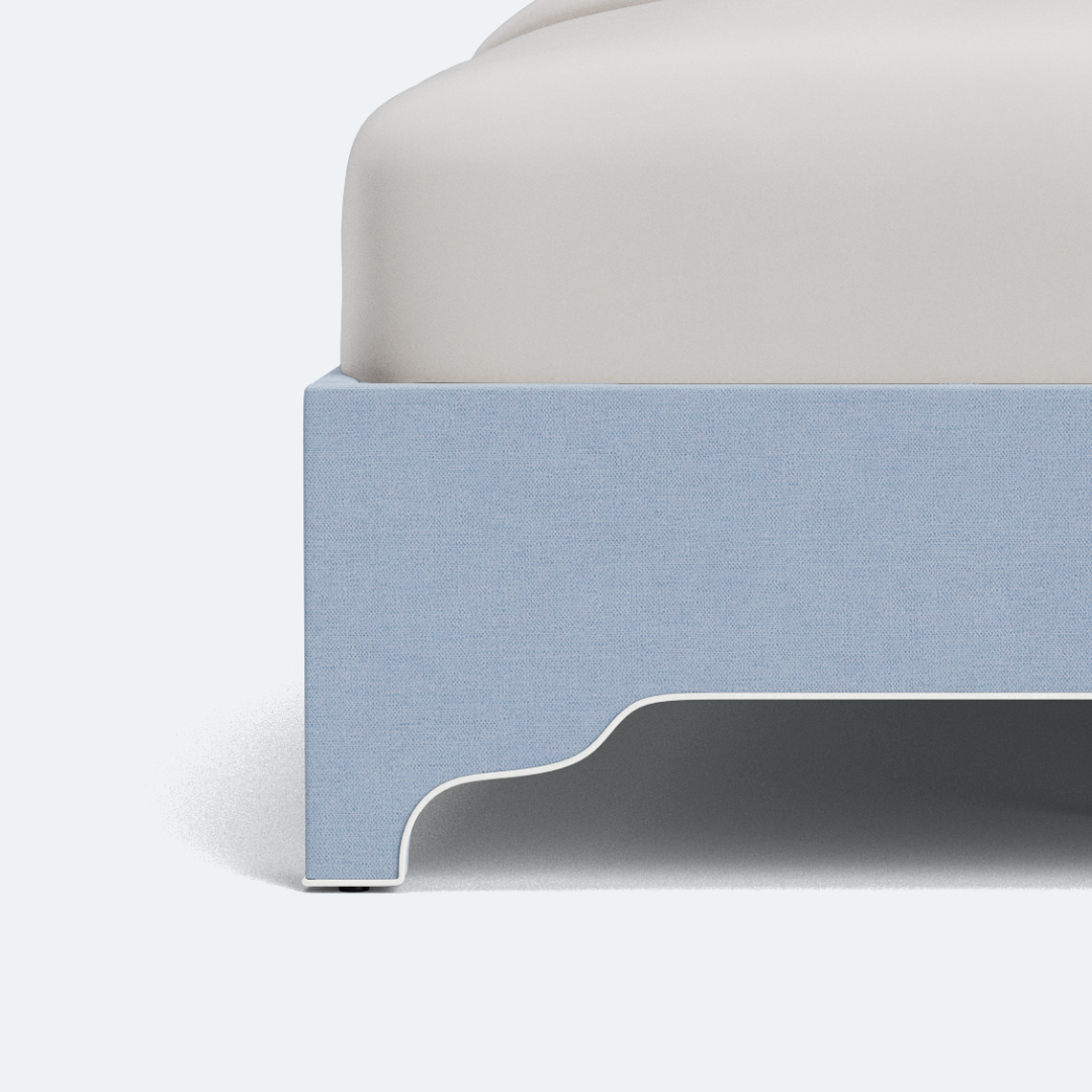 The Grace King Platform Bed - Scalloped Legs - Performance Ashley Blue Chenille Fabric - White Trim