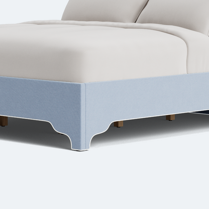 The Grace King Platform Bed - Scalloped Legs - Performance Ashley Blue Chenille Fabric - White Trim
