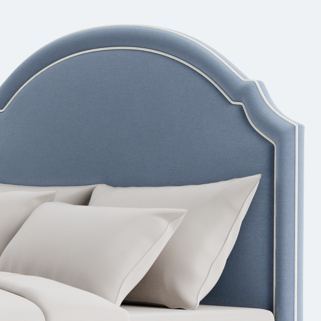 The Grace King Platform Bed - Scalloped Legs - Performance Ashley Blue Chenille Fabric - White Trim