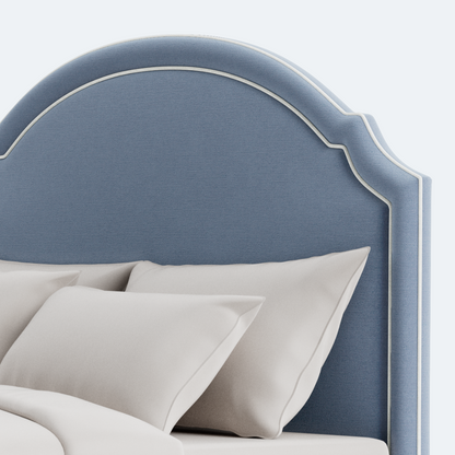 The Grace King Platform Bed - Scalloped Legs - Performance Ashley Blue Chenille Fabric - White Trim