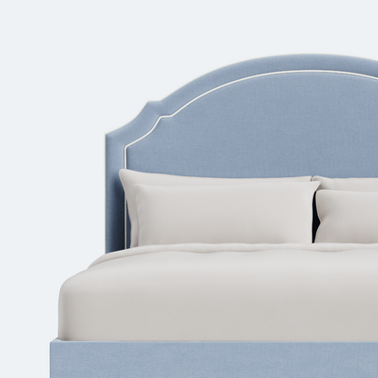 The Grace King Platform Bed - Scalloped Legs - Performance Ashley Blue Chenille Fabric - White Trim