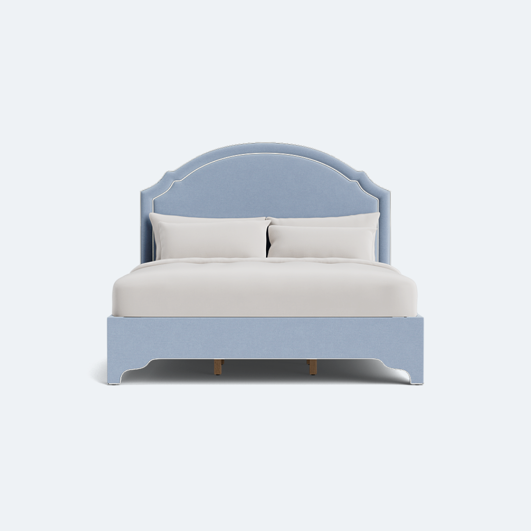 The Grace King Platform Bed - Scalloped Legs - Performance Ashley Blue Chenille Fabric - White Trim
