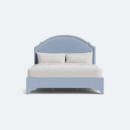The Grace King Platform Bed - Scalloped Legs - Performance Ashley Blue Chenille Fabric - White Trim