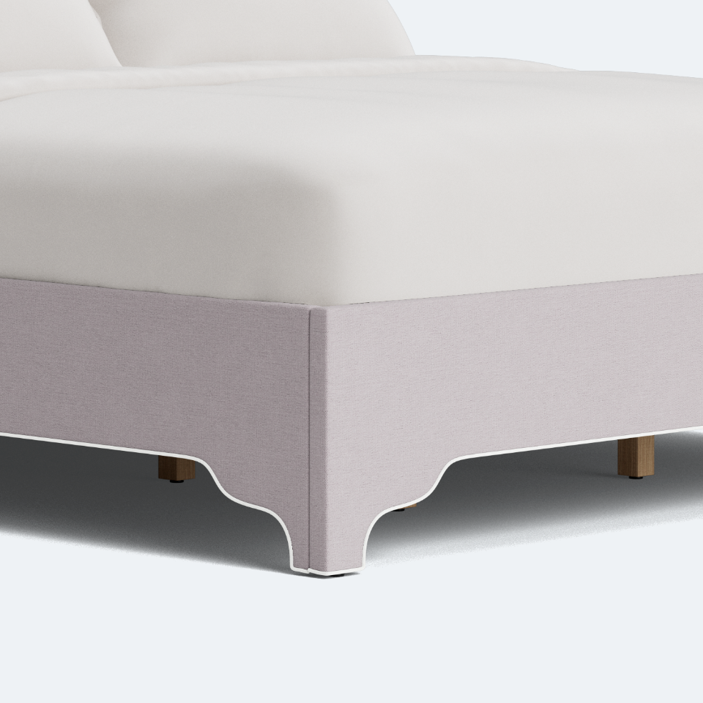 The Grace King Platform Bed - Scalloped Legs - Performance Lilac Chenille Fabric - White Trim