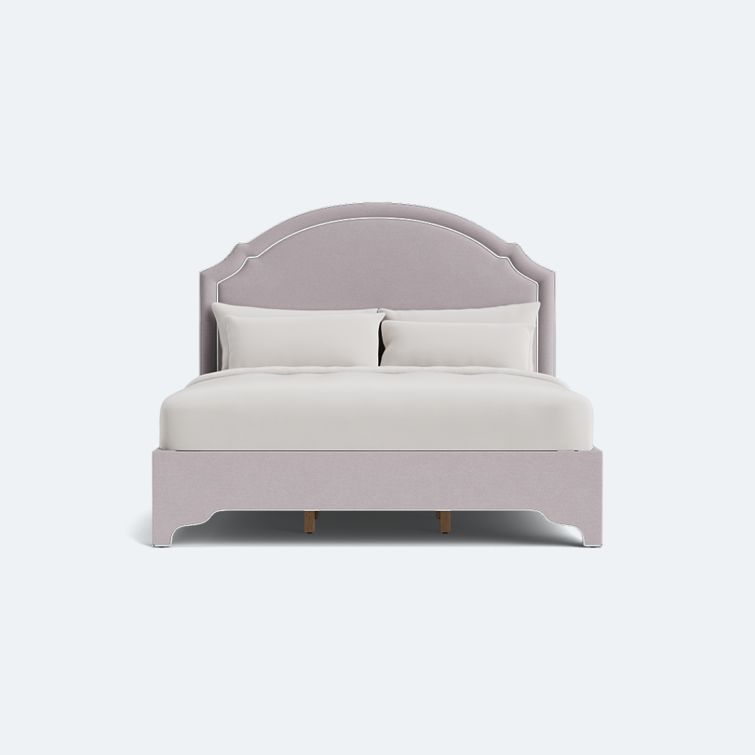 The Grace King Platform Bed - Scalloped Legs - Performance Lilac Chenille Fabric - White Trim