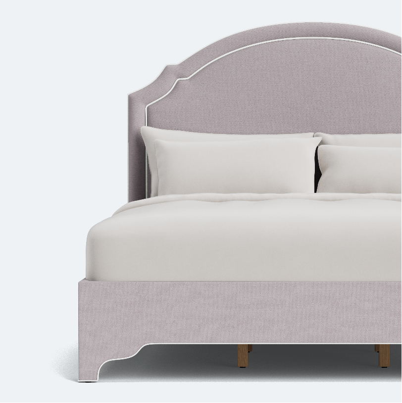 The Grace King Platform Bed - Scalloped Legs - Performance Lilac Chenille Fabric - White Trim
