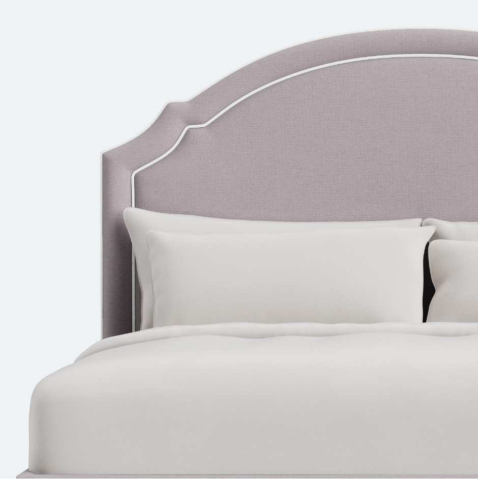 The Grace King Platform Bed - Scalloped Legs - Performance Lilac Chenille Fabric - White Trim