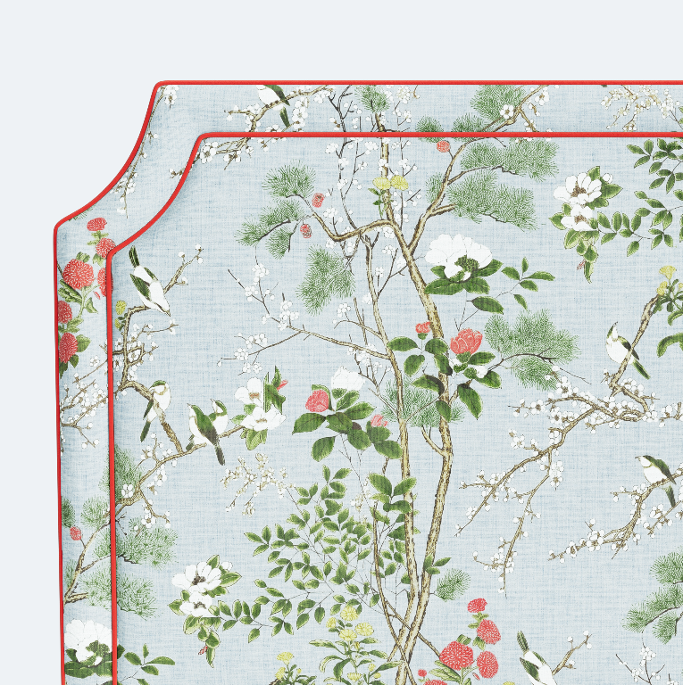 The Addison King Headboard - Katsura Blue Fabric - Red Trim