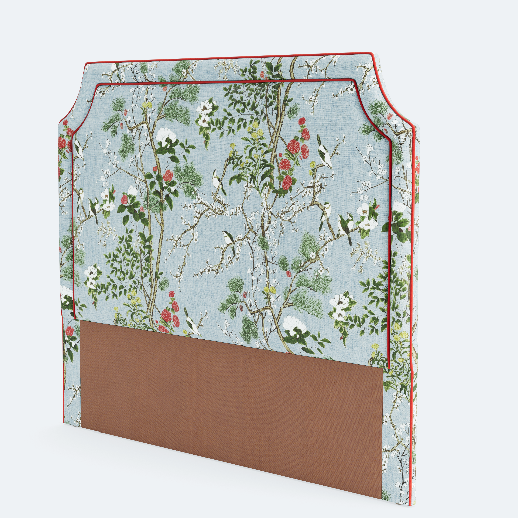 The Addison King Headboard - Katsura Blue Fabric - Red Trim