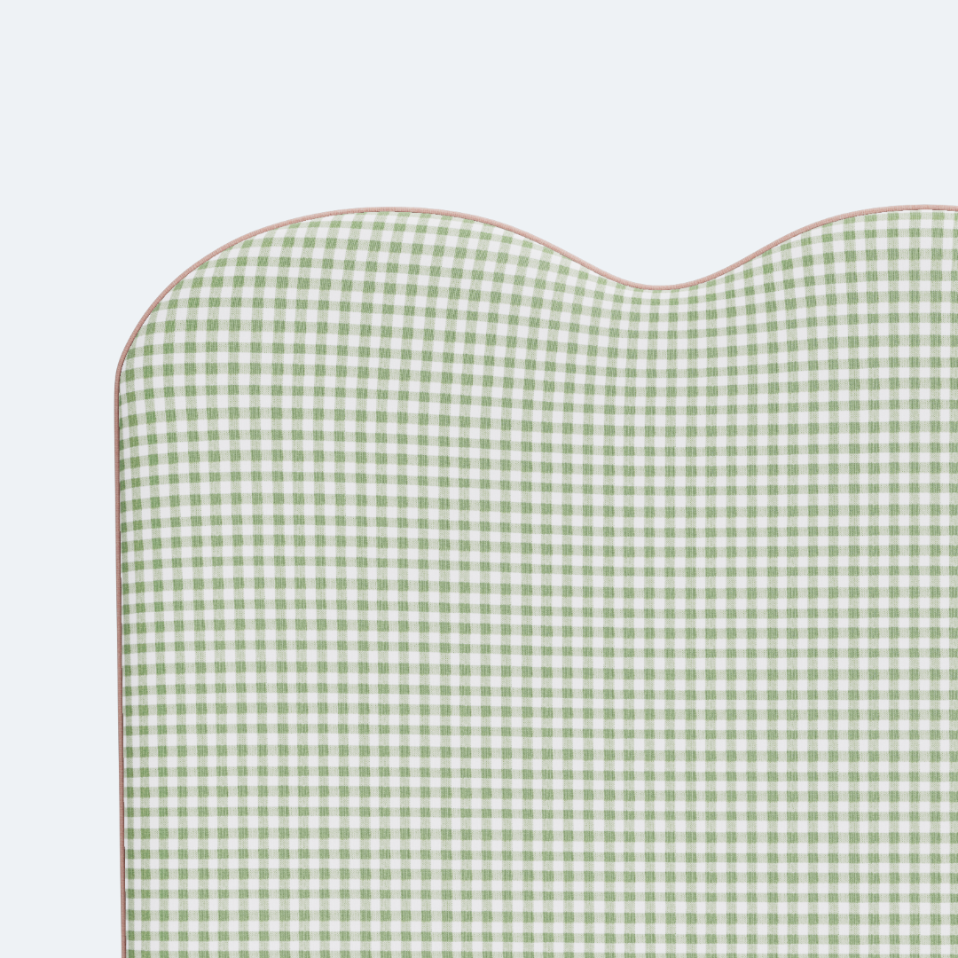 The Waverly Queen Headboard - Sage Green Gingham Fabric - Pink Trim