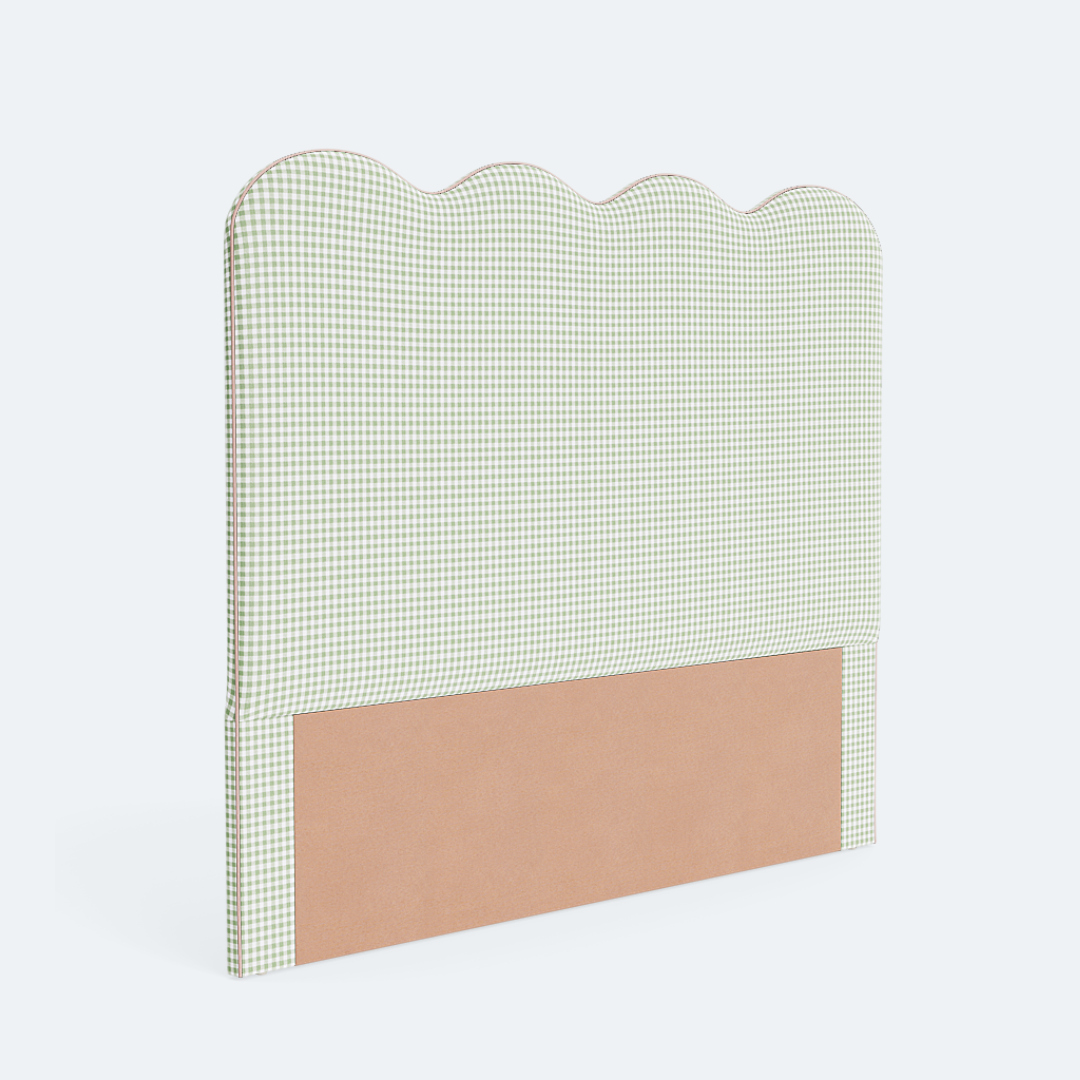 The Waverly Queen Headboard - Sage Green Gingham Fabric - Pink Trim