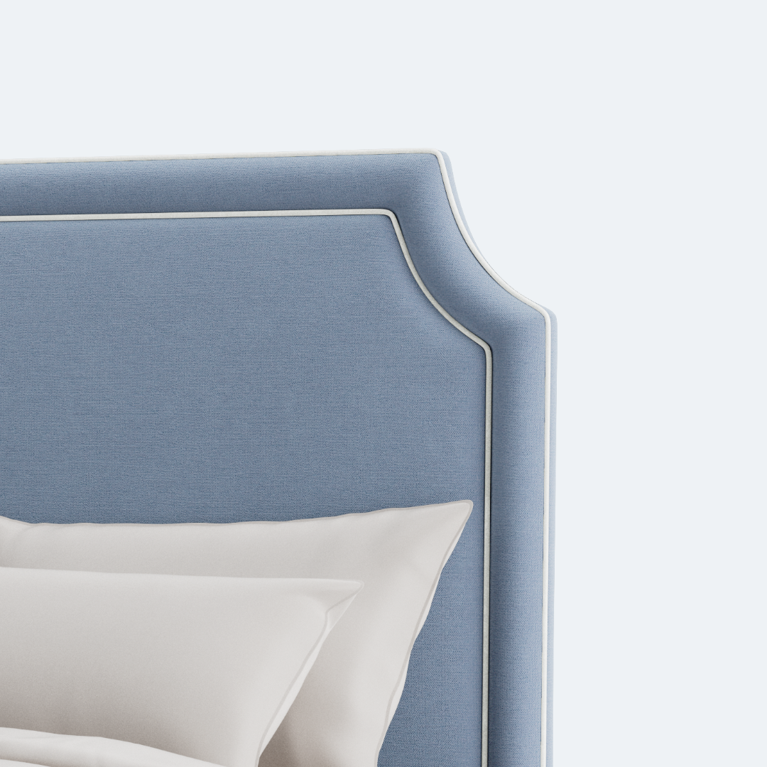 The Addison King Platform Bed - Scalloped Legs - Performance Ashley Blue Chenille Fabric - White Trim