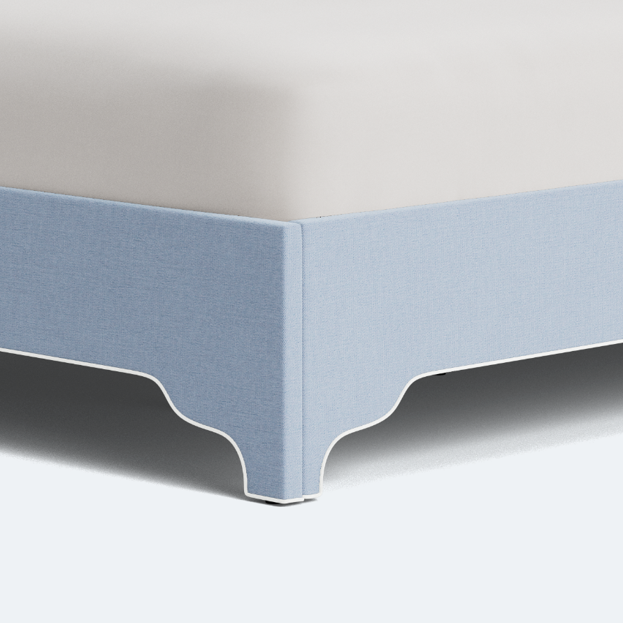 The Addison King Platform Bed - Scalloped Legs - Performance Ashley Blue Chenille Fabric - White Trim