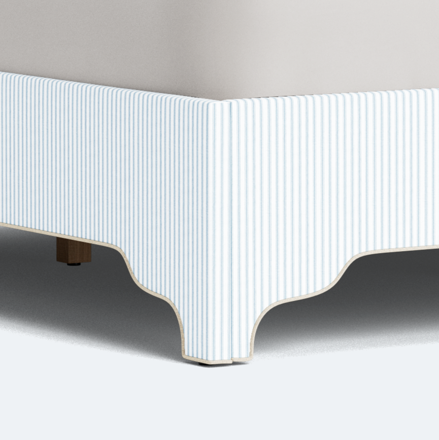 The Lilliane King Bed - Scalloped Legs - Classic Stripe Fabric - Pearl Trim