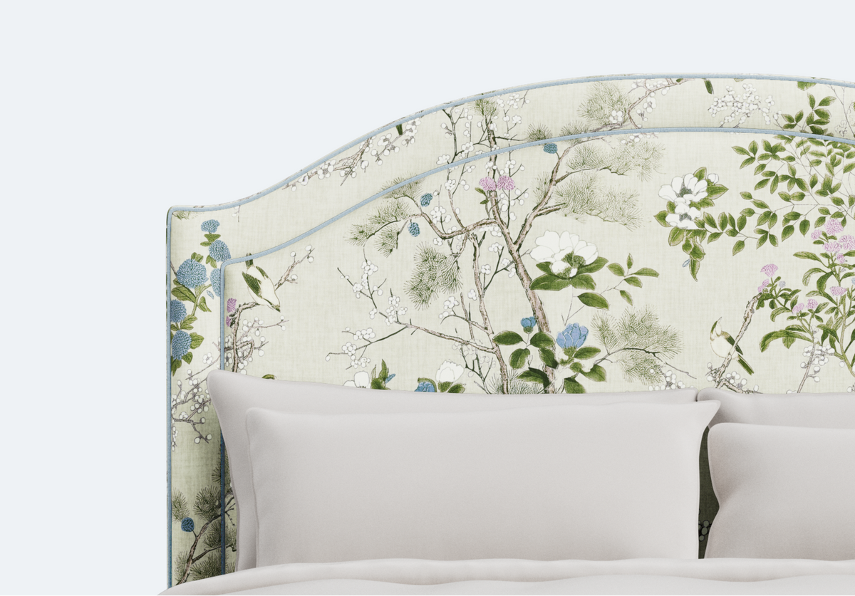 The Lilliane King Bed - Scalloped Legs - Katsura Thibaut Fabric - Sky Blue Trim