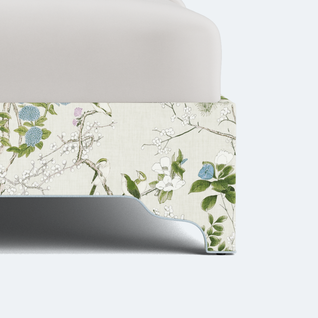 The Lilliane King Bed - Scalloped Legs - Katsura Thibaut Fabric - Sky Blue Trim
